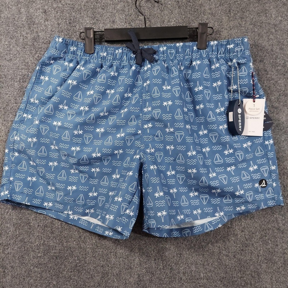 Sperry Swim Trunks Mens XL Blue Sailboat Print Lined UPF‎ 50 Shorts Nautical